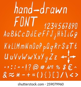 Font, drawn by by hand. Set of isolated letters, numbers, symbols and punctuation marks.Vector illustration.