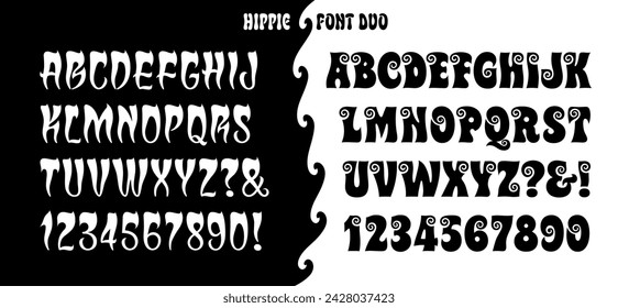 A font duo of retro style psychedelic hippie alphabets.