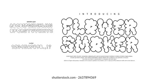 Font Flower Smoker Cloud font, alphabet, letters and numbers. ABCs of white clouds in smoky. flat style y2k font line black . Bubble graffiti cover event film poster contour bold. Young teenage feel