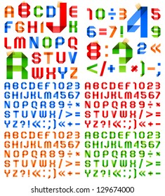 Font folded from colored paper - Arabic numerals and Roman alphabet. (A, B, C, D, E, F, G, H, I, J, K, L, M, N, O, P, Q, R, S, T, U, V, W, X, Y, Z, 0, 1, 2, 3, 4, 5, 6, 7, 8, 9).