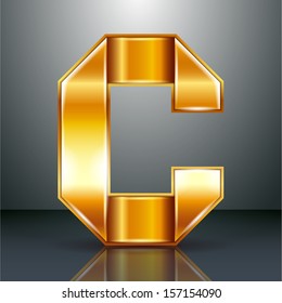 Font folded from a golden metallic ribbon - Letter C. Vector illustration 10eps.