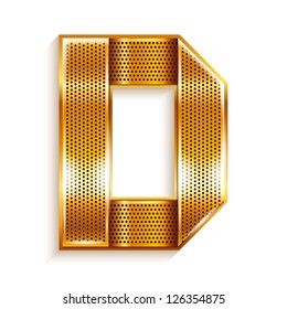 Font folded from a metallic gold perforated ribbon - Letter D. Vector illustration 10eps.