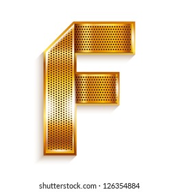 Font folded from a metallic gold perforated ribbon - Letter F. Vector illustration 10eps.