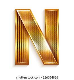 Font folded from a metallic gold perforated ribbon - Letter N. Vector illustration 10eps.
