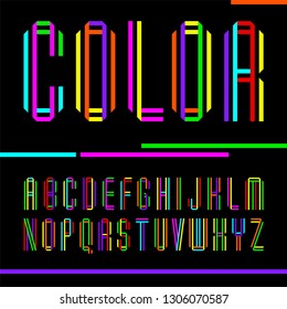 Font folded from two colored tapes, bright narrow vector letters.