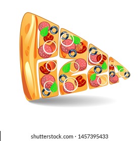 Font in the form of pizza. Vector illustration Slice of pizza with melted cheese and pepperoni. Cartoon sticker in the style of comics with the outline. Decoration for greeting cards, posters, stripe
