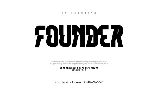 La fuente Founder es Sans con tipografía de estilo vintage. Fuente de Vector de alfabeto con mayúsculas, minúsculas y número. La fuente regular Bold con mayúsculas puede variar en minúsculas.