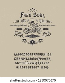 Font Free Soul. Hand crafted retro vintage typeface design. Handmade  lettering. Authentic handwritten graphic alphabet. Vector illustration old badge label logo template.