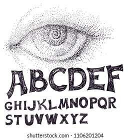 font freehand vector and human eye in style zentangl. Hand drawn zentangle style letters