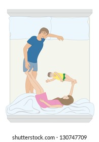 Font G formed by  sleeping humans bodies  on the bed,  made from a family consisting of a father, mother and child. Vector illustration