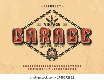 Font Garage. 3d display typeface. Bold modern alphabet. Vector letters and number. Vintage type. 