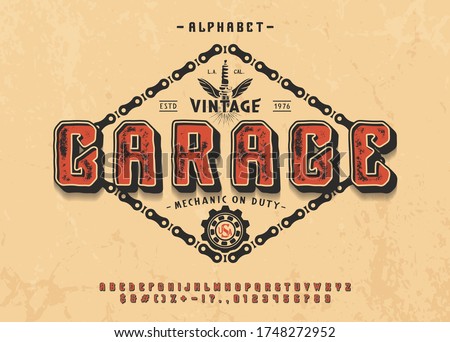 Font Garage. 3d display typeface. Bold modern alphabet. Vector letters and number. Vintage type. 