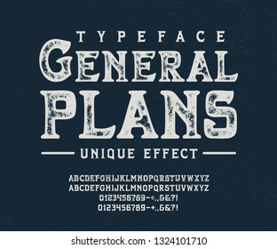 Font General Plans. Crafted retro vintage typeface design. Display handmade textured lettering type alphabet. Navy background. Vector bold letters, number for print logo, label, emblem, poster, badge