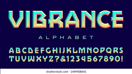 Font with geometric lines and a bright vibrant color scheme; Vibrance alphabet.