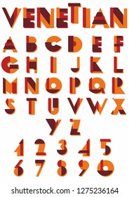Font of geometric shapes, Venetian, vector alphabet set.