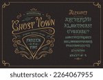 Font Ghost Town. Craft retro vintage typeface design. Graphic display alphabet. Fantasy type letters. Latin characters, numbers. Vector illustration. Old badge, label, logo template.
