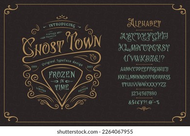 Font Ghost Town. Craft retro vintage typeface design. Graphic display alphabet. Fantasy type letters. Latin characters, numbers. Vector illustration. Old badge, label, logo template.
