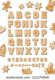 Font of gingerbread. Bakery  alphabet. Letters and numbers with white glaze for sweet winter holydays. Vector poster