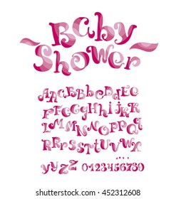  font for girl with numbers and  alphabet, child style ABC alphabet for kids lettering. vector illustration. design elements set.