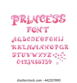  Font For Girl With Numbers And  Alphabet, Fairy Tale Princess ABC Font. Vector Illustration. Girly Alphabet Vector Set