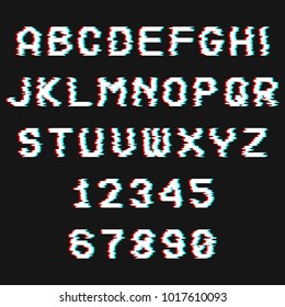 Font with glitch effect. Distortion letters and numbers. Vector illustration.