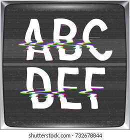 Font with glitch effect on TV screen background. Vector distorted letters from A to F on retro CRT screen