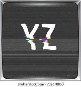 Font with glitch effect on TV screen background. Vector distorted letters from Y to Z on retro CRT screen