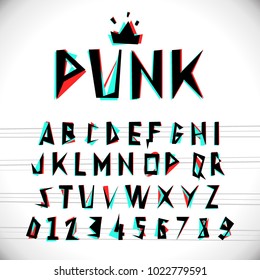 Font with glitched stereo effect. Vector distorted alphabet.