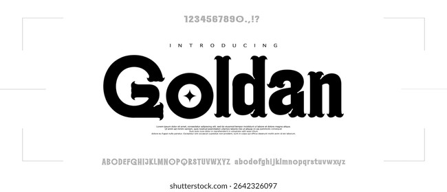 Font Goldan. Cowboy Typeface. Great for crafting biker club logos. Custom handwritten alphabet. Original Letters and Numbers. Vintage retro hand drawn type. Vector illustration. western America