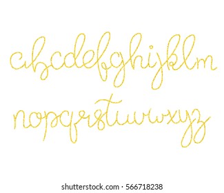 Font with golden glitter texture effect. Script with gold glitter particles. Linear alphabet.