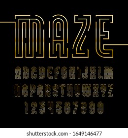 Font from golden thin line name is Maze, trendy simple alphabet sans serif, modern gold letters and numbers, vector illustrator 10 eps
