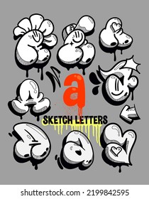 Font graffiti flop style illustration set. Black and white sketch letters A