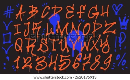 Font in graffiti style. Grunge vector lettering street art. Element of hip-hop culture on the walls of the city. Template orange letters urban street. Capital letters thick font with drips and drops.