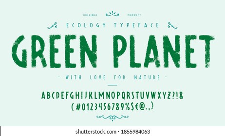 Font Green Planet. Craft retro vintage typeface design. Graphic display alphabet. Fantasy type letters. Latin characters, numbers. Vector illustration. Old badge, label, logo template.
