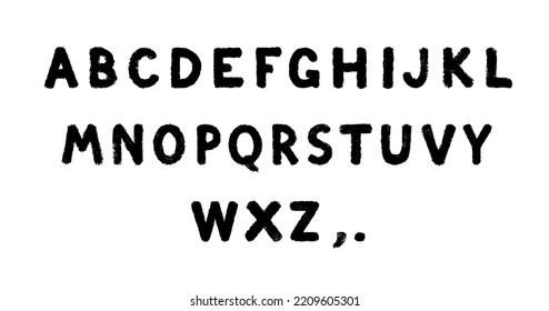 Font grunge. Black english letter isolated on white background. Hand drawn typography. Text stamp. Handwritten type. Vintage font for design print. Set of alphabet letters. Vector illustration