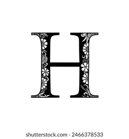 Font H Times new roman with simple doodle floral zentangle 