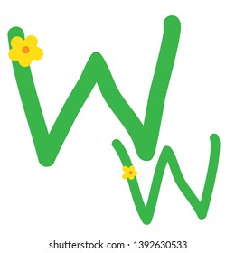 Font Hand drawn vector, design green and little flower alphabet. Letters written isolated on white. Calligraphy font. Handwriting symbols. Easy to edit design template for your artworks. - Vector