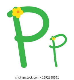 Font Hand drawn vector, design green and little flower alphabet. Letters written isolated on white. Calligraphy font. Handwriting symbols. Easy to edit design template for your artworks. - Vector