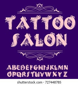 Font handcrafted vector script alphabet font vector, design, handwritten typeface named Tattoo Salon. alphabet vector decorated with spider web