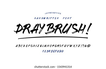 The font is handmade "Dry brush". Custom handwritten alphabet. Original letters and numbers. Vintage retro textured hand drawn type with grunge effect. Vector illustration.