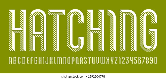 Font from hatching line, simple alphabet sans serif, condensed white letters and numbers