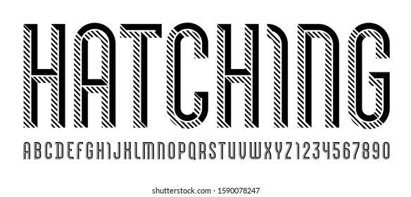 Font from hatching line, trendy simple alphabet sans serif, modern condensed black letters and numbers