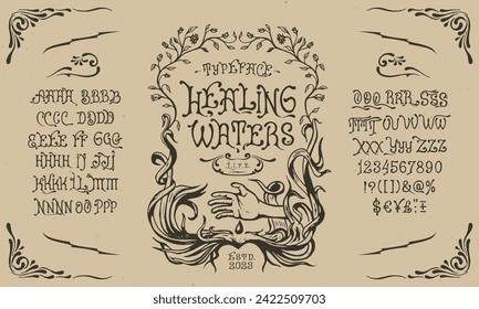  Font Healing Waters. Design der Vintage-Schrift. Bildzeigeralphabet. Fantasy-Schriftzeichen. lateinische Buchstaben, Zahlen. Vektorgrafik. Altes Schild, Label, Logo-Vorlage.

