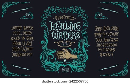  Font Healing Waters. Craft vintage typeface design. Graphic display alphabet. Fantasy type letters. Latin characters, numbers. Vector illustration. Old badge, label, logo template.

