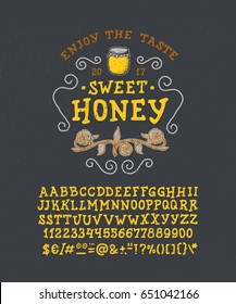 Font Honey. Handmade type. NAVY background. Isolated doodle vector letters and numbers. Serif alphabet. Modern display typeface. Drawn graphic design of Latin characters, digit, punctuation.