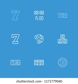 Font icon. collection of 9 font outline icons such as abc cube, 7 number,  1 2 3, digital time. editable font icons for web and mobile.