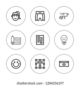 Font icon set. collection of 9 outline font icons with athlete, boxing shorts, letter, smile, text editor icons. editable icons.
