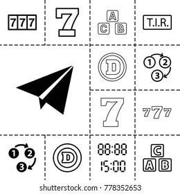 Font icons. set of 13 editable outline font icons such as 1 2 3, paper plane, abc cube, 7 number, d letter, tir