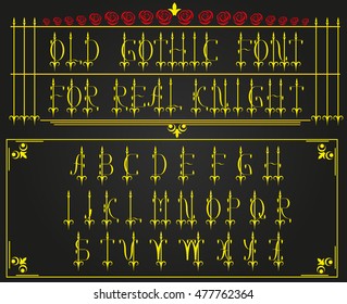 The font for inscriptions of the medieval castle, tavernas, knight equipment.
Yellow font on a dark background.