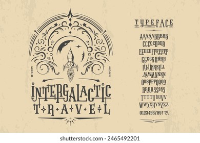 Font Intergalactic Travel. Craft vintage typeface design. Graphic display alphabet. Fantasy type letters. Latin characters, numbers. Vector illustration. Old badge, label, logo template.
